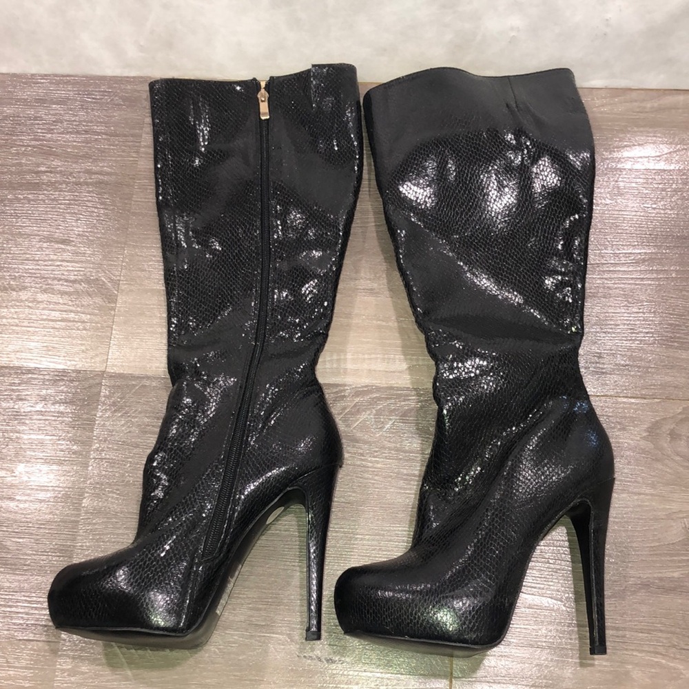 Paper Fox Black Snake Croc Knee Full Zip Heeled Boots New